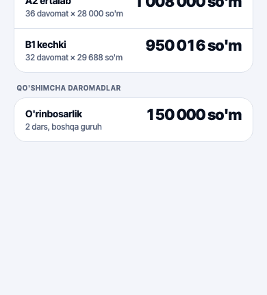 O'qituvchi maoshi: guruhlar bo'yicha darslar soni × stavka va jami summa.